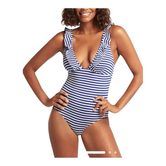 Sea Level Capri Frill One Piece Swimsuit Size US 8 Blue White Stripes Nautical - Picture 1 of 12